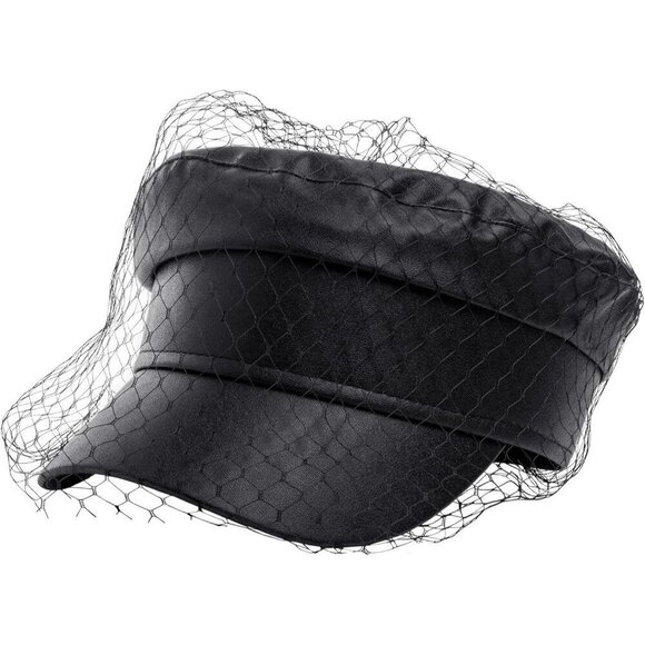 ? Sajuzen PU Leather Fiddler Cap Women Black Veil Casual Baker Boy Captain Hats